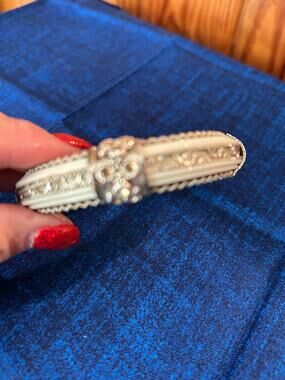 Vintage Cream Color Bangle Bracelet Silver Tone Textured Scroll Work 3"